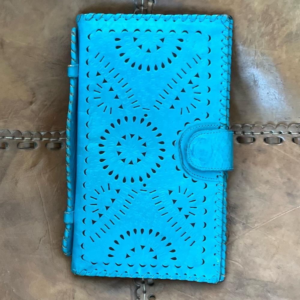 Cleobella. Mexicana Leather Clutch Perforated. Multiple Pockets. Aqua/Teal.